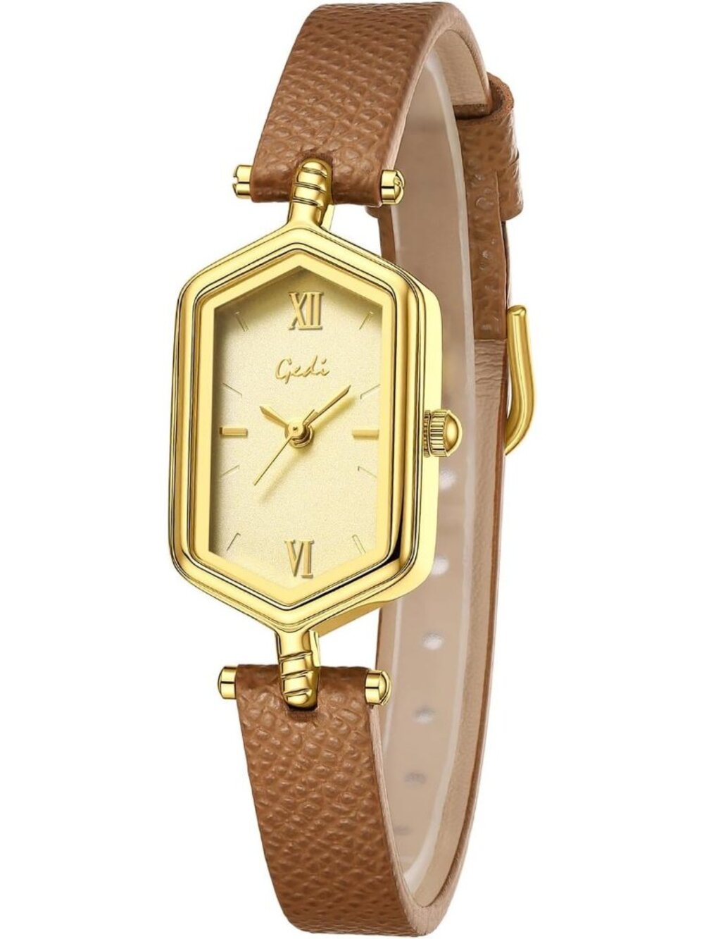 Women's Brown Gold Vintage Slim Leather Strap Bracelet Hexagon Case Wrist Watch - Picture 1 of 4
